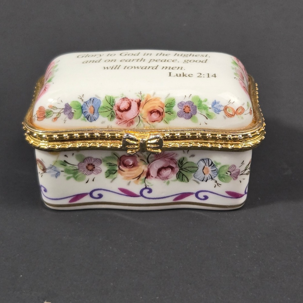 Imperial Porcelain Luke 2:14 Floral Hinged Trinket Box Gold Tone Trim Small